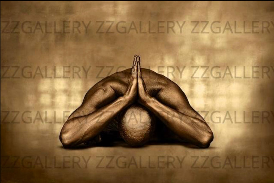 Golden-painted worshipper in prayer, Catholic adoration fine art photography by Zack Zublena, luxury sacred wall decor