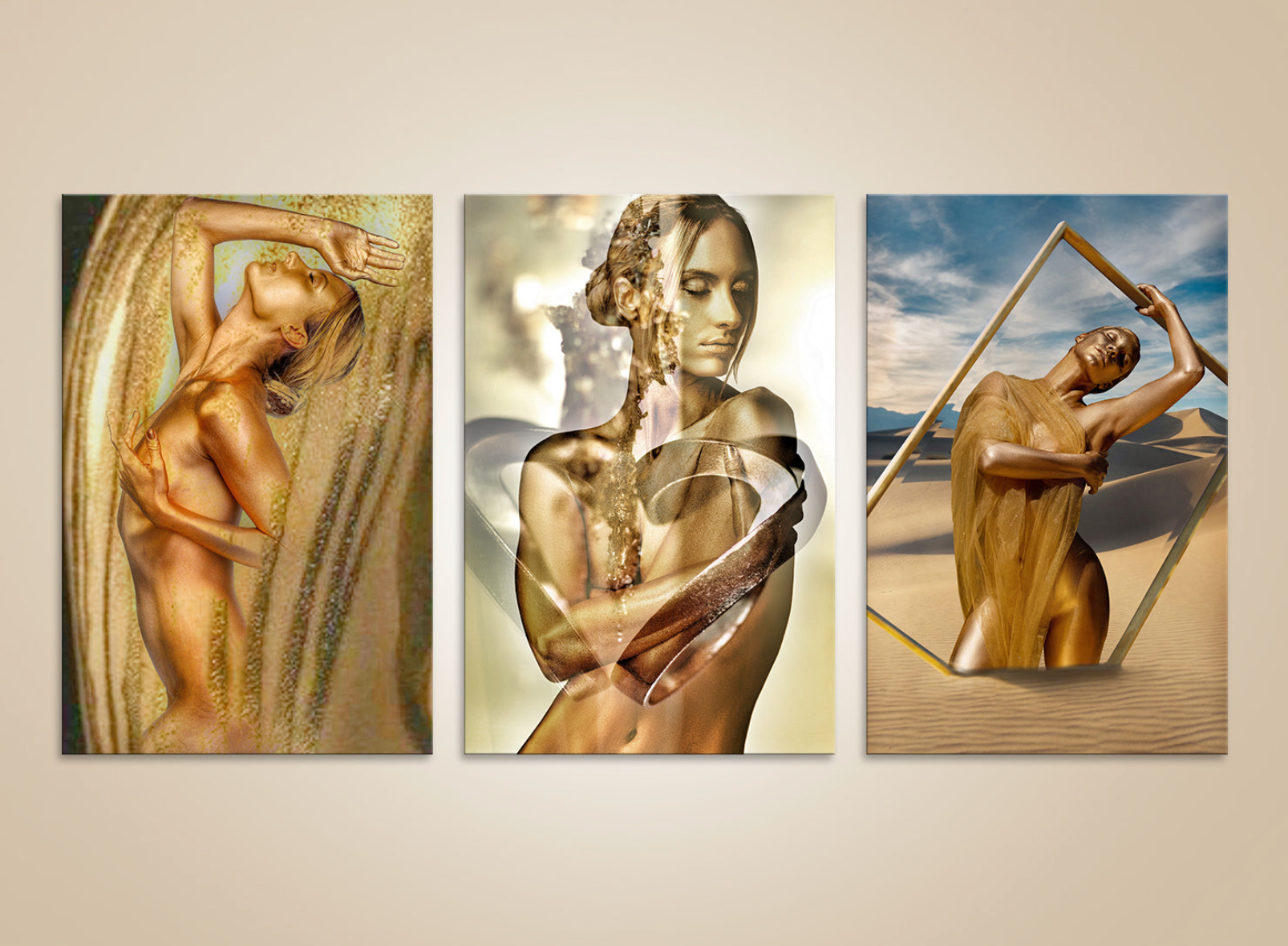 Triptych of a gold-painted female figure in desert dunes with a geometric frame; contemporary fine art photography.