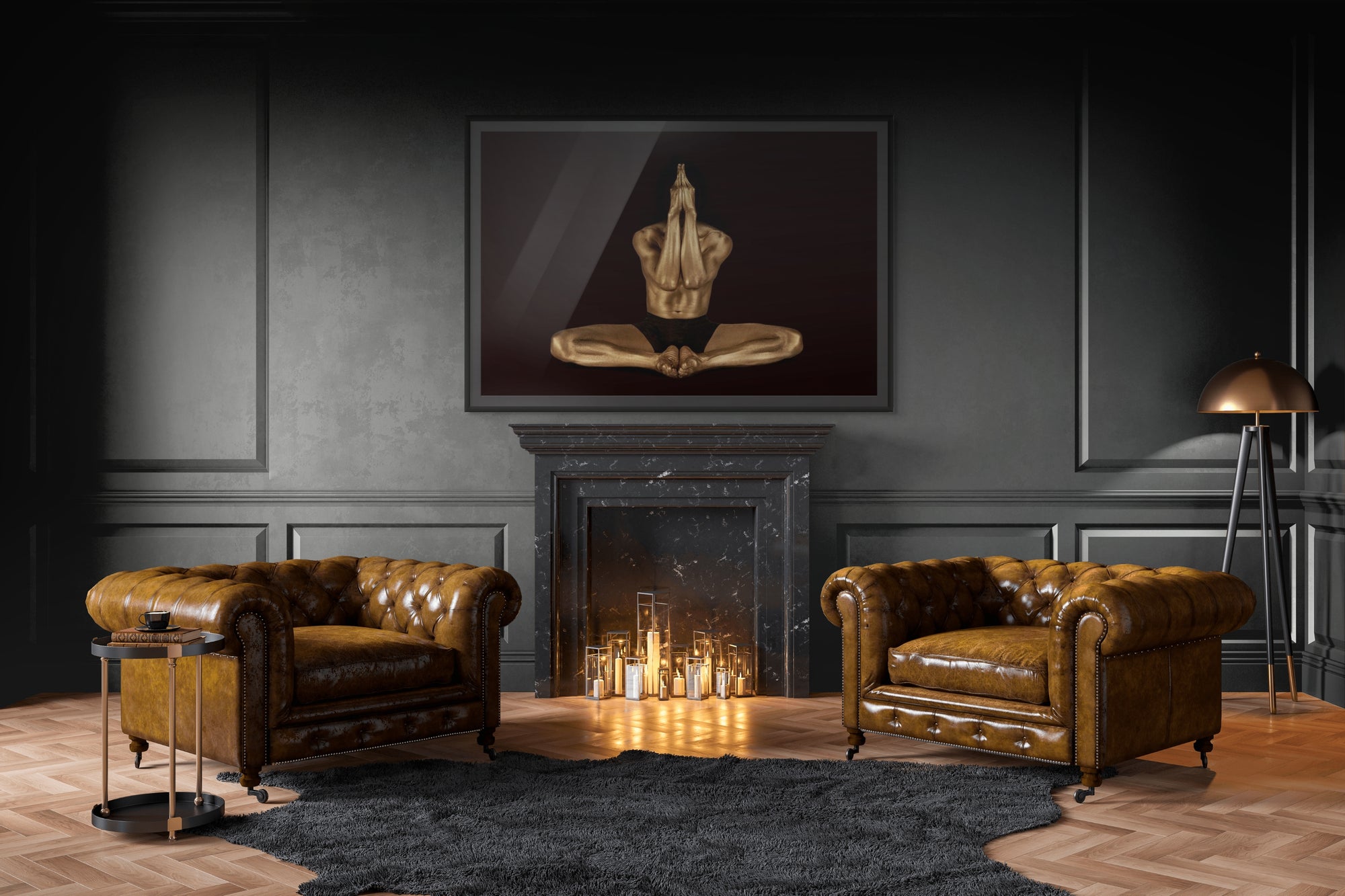 Golden-painted nude figure in meditation pose, headless form symbolizing ego dissolution, contemporary conceptual fine art by Zack Zublena.