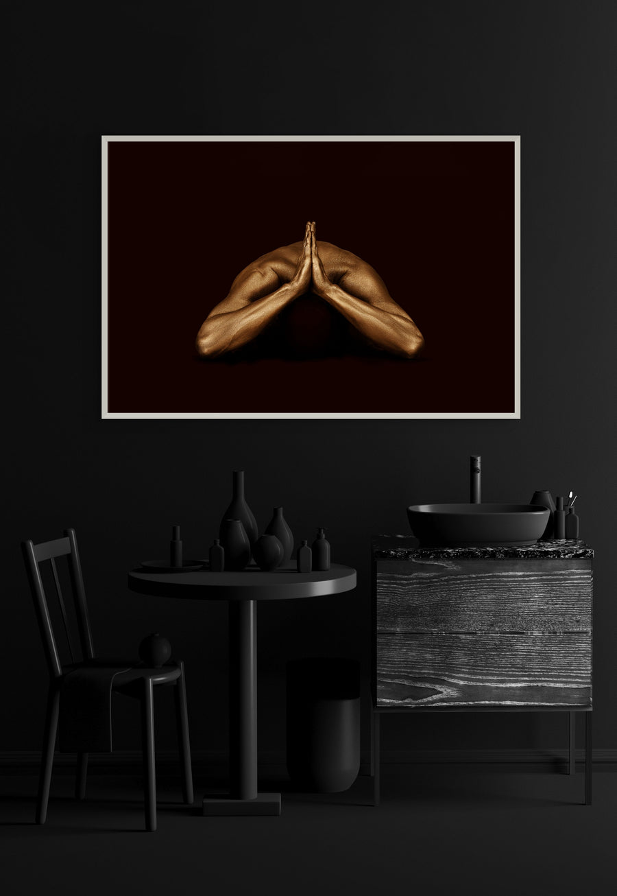 Golden-painted male torso in a headless prayer pose against a deep black background — fine art meditation photography by Zack Zublena, from the Vacuum State Collection.