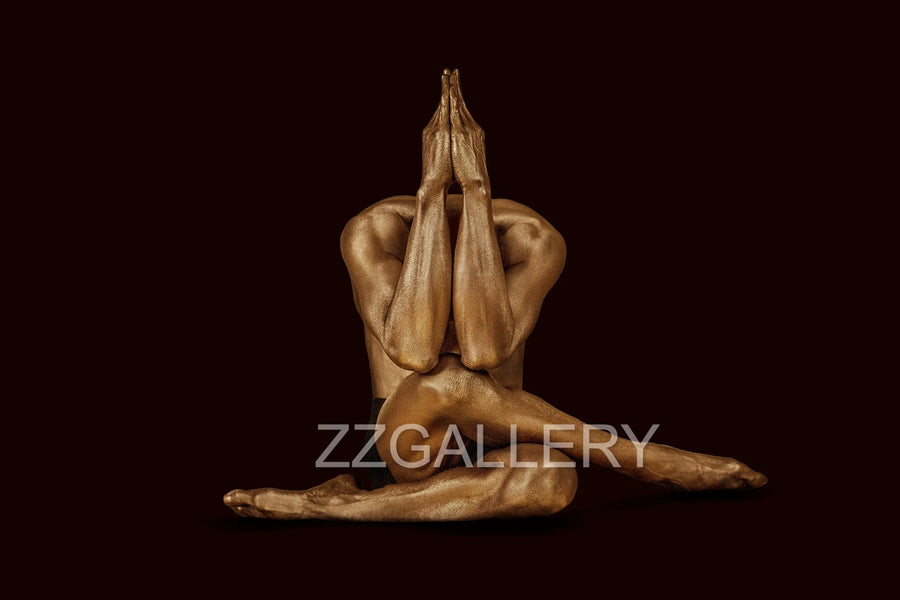 Conceptual fine art gold yoga photograph showing a sacred pose from Zack Zublena’s Vacuum State collection