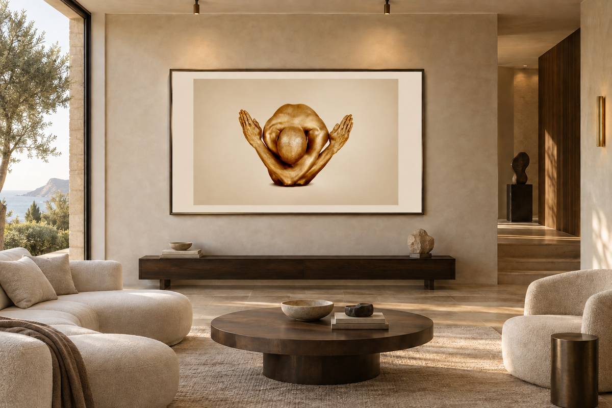 Victory Needs No Witness by Zack Zublena, golden figurative fine art displayed in a warm contemporary luxury living room.