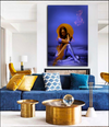 Virgin Mary in Gold artwork in blue background, showcased in an elegant luxury apartment with blue sofa, gold tables, and decorative cushions.