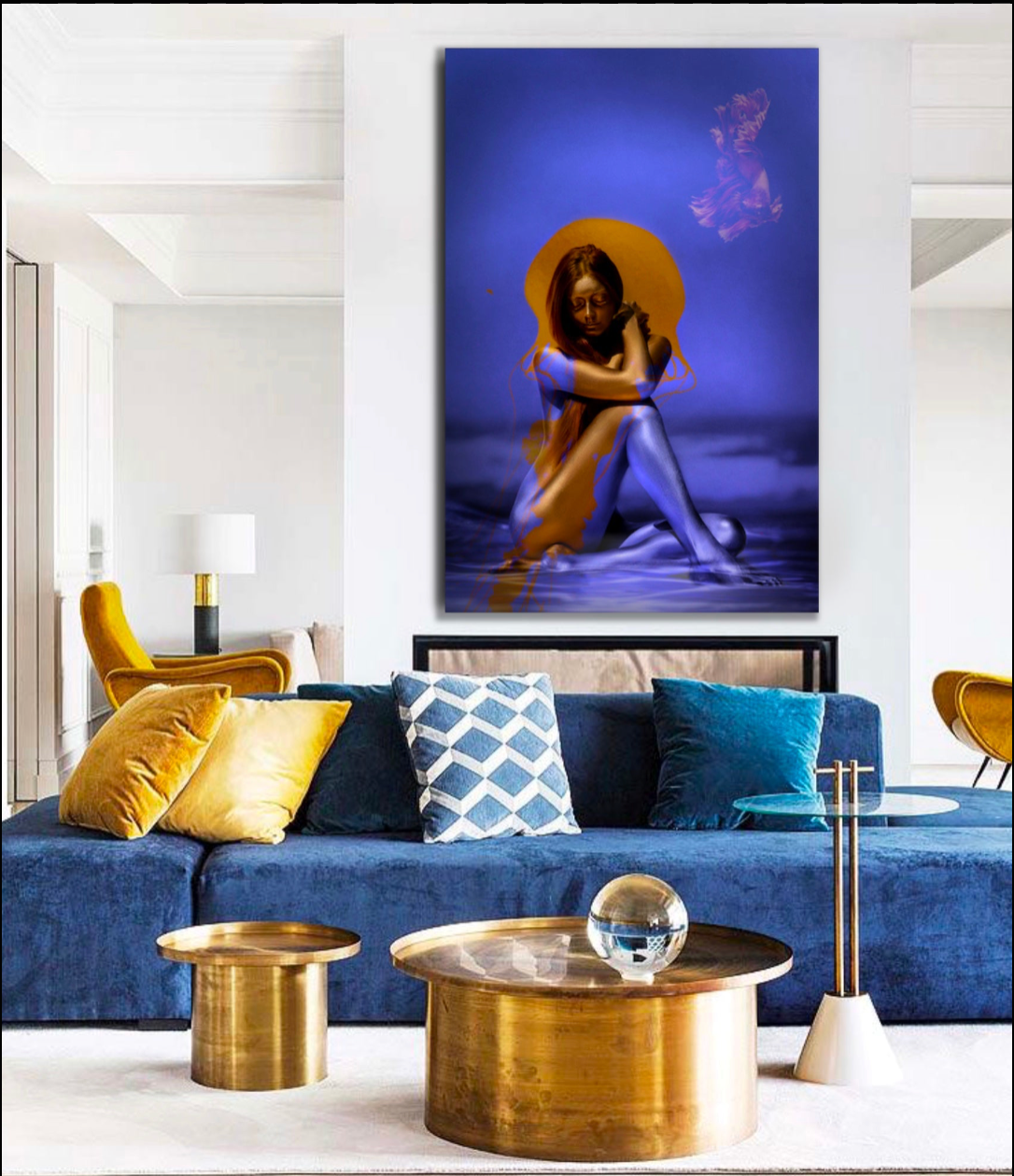 Virgin Mary in Gold Pop Art on a blue background, showcased in an elegant luxury apartment with blue sofa, gold tables, and decorative cushions.