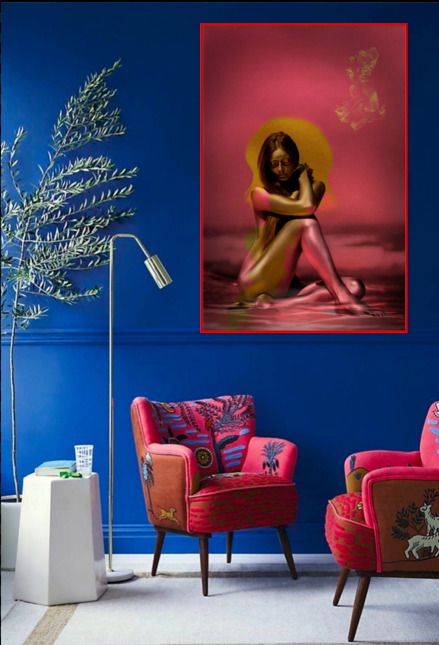 Pop art style fine art photography of Virgin Mary in gold tones against a pink background, presented as contemporary wall art for modern interiors. inspired by tv show The Chosen.