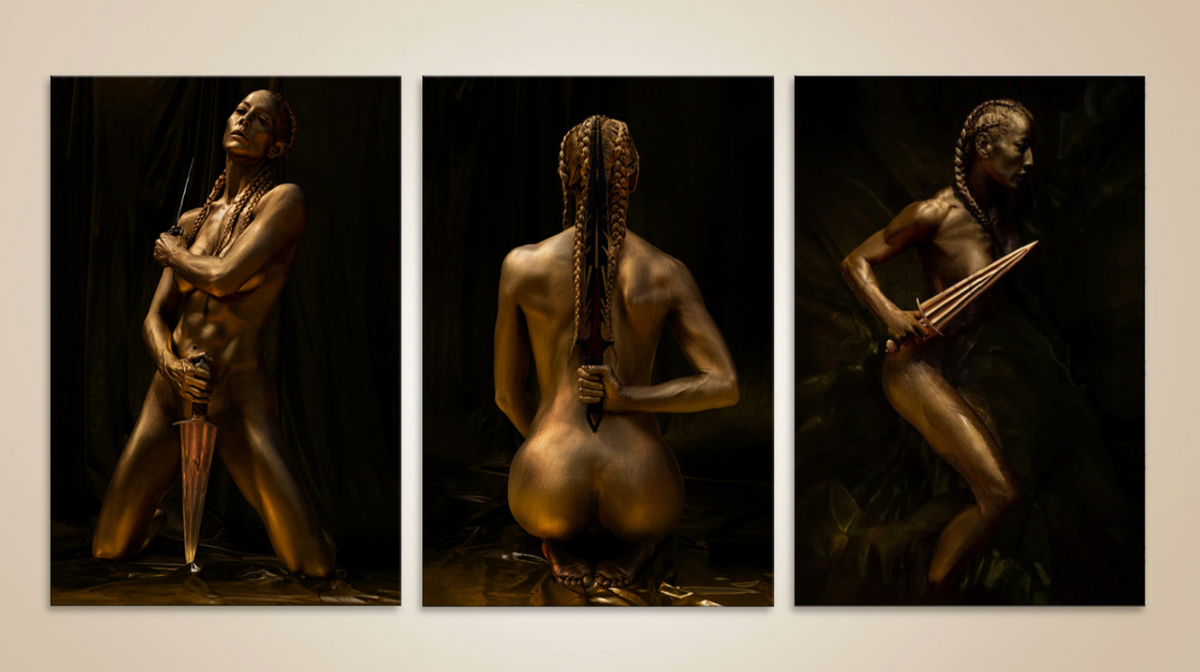 Golden braided figure seated back view, dagger in hand, feminine strength, sacred body art print