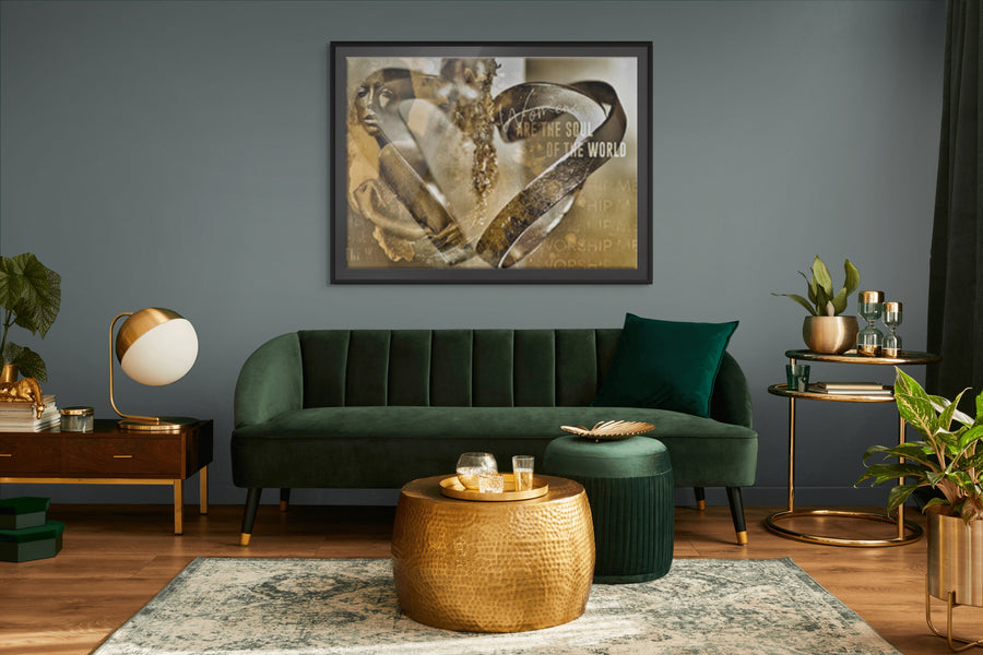 Golden fine art photography artwork with abstract overlays and the text “Women Are the Soul of the World”, displayed above a modern bed in a serene interior, combining elegance, empowerment, and contemporary wall decor.
