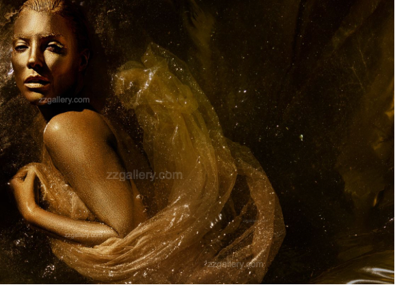 Golden Souls fine art photography print by Zack Zublena displayed in a luxury poolside interior, featuring a woman in shimmering gold tones draped in translucent fabric.
