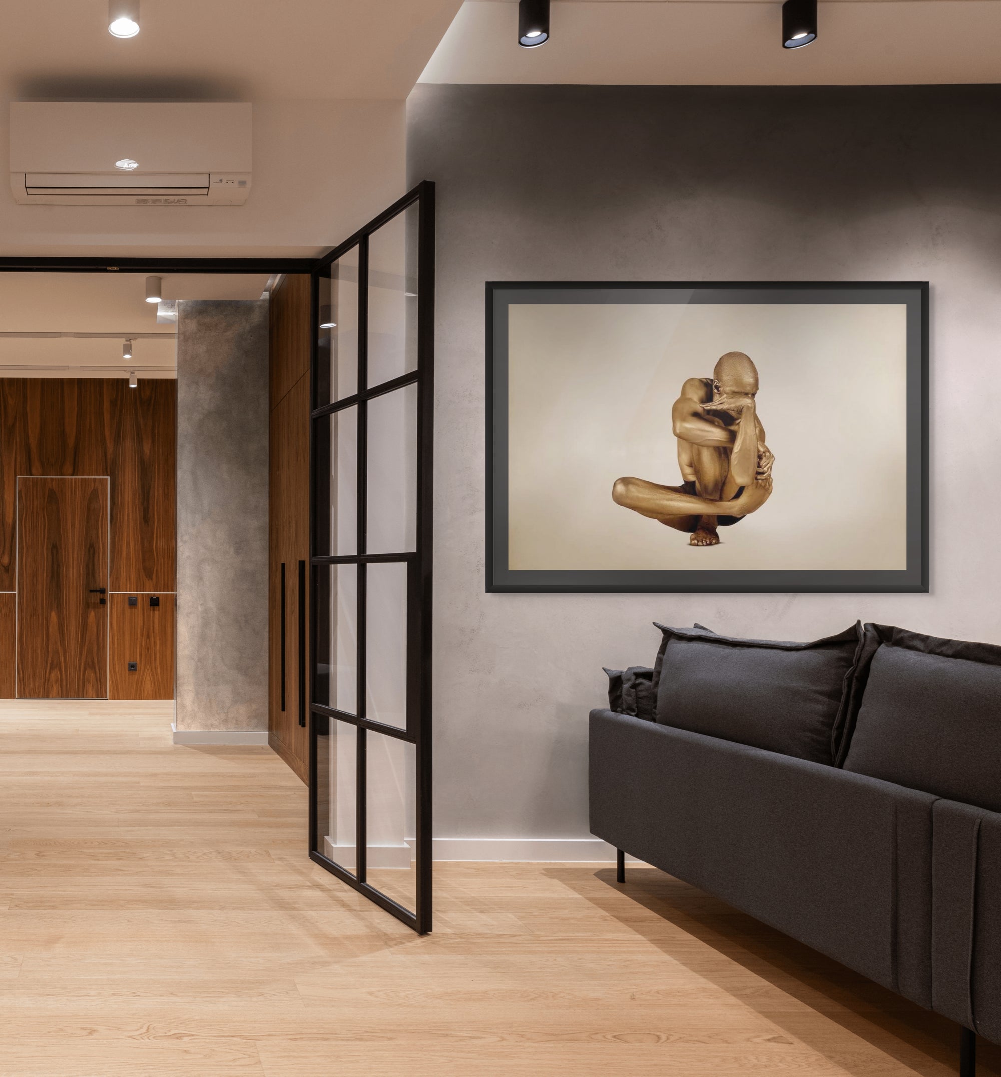 Golden-painted yogi in a sculptural meditative pose, fine art photography by Zack Zublena exploring quantum field states, minimalism, and transcendence.