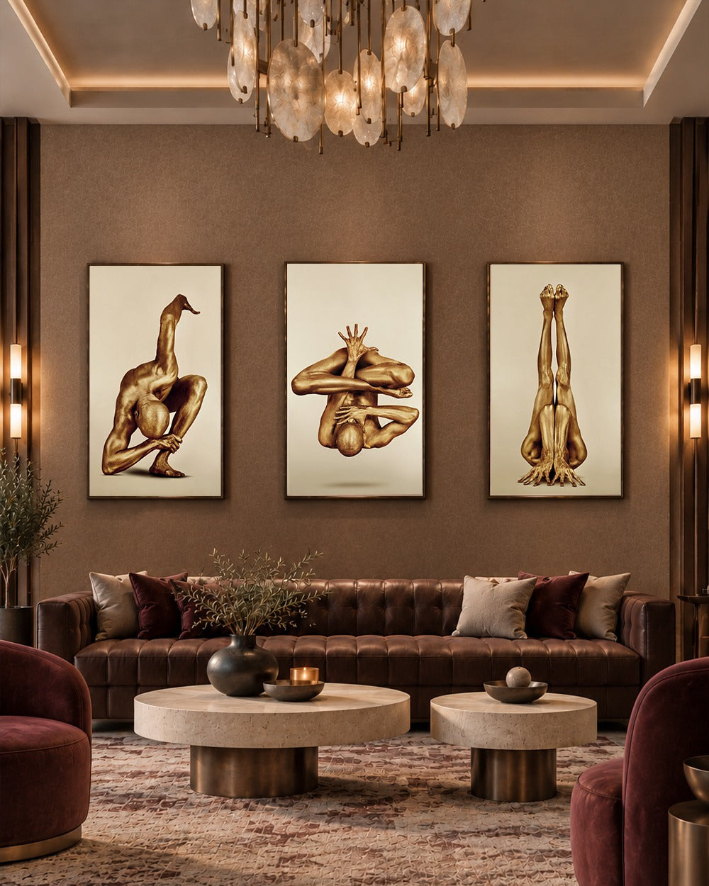 Axis of Freedom, gold yoga triptych by Zack Zublena, hanging above a leather sofa in a luxury living room