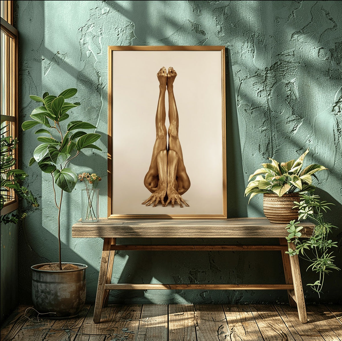Golden yoga pose artwork displayed on rustic green wall with plants, ideal for yoga centers, spas, resorts, and luxury interiors.