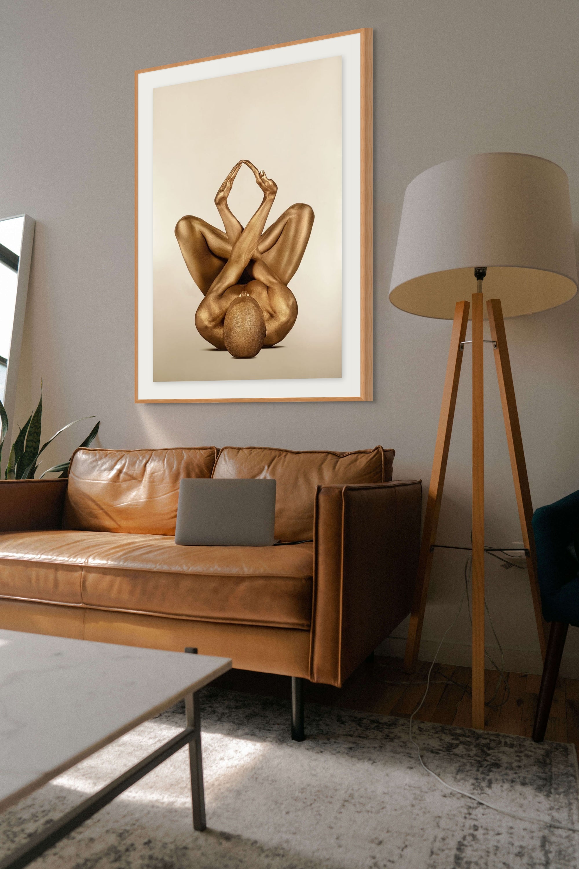 Golden-painted figure in a sacred geometric yoga pose, arms and legs forming a diamond shape. Luxurious fine art wall decor that radiates balance, spirituality, and elegance for modern interiors, wellness centers, and meditation spaces.