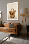 Golden-painted nude figure in a sacred geometric yoga pose, arms and legs forming a diamond shape. Luxurious fine art wall decor that radiates balance, spirituality, and elegance for modern interiors, wellness centers, and meditation spaces.