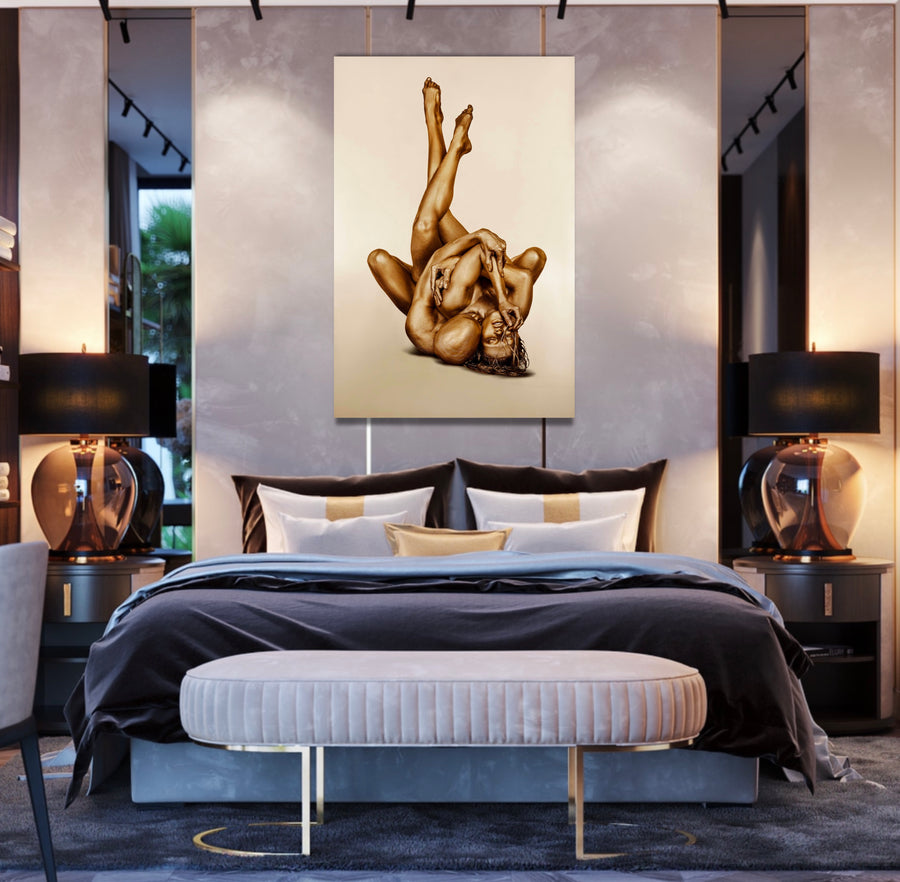 Golden nude couple entwined in a sculptural, sacred pose with elevated legs and sensual expression
