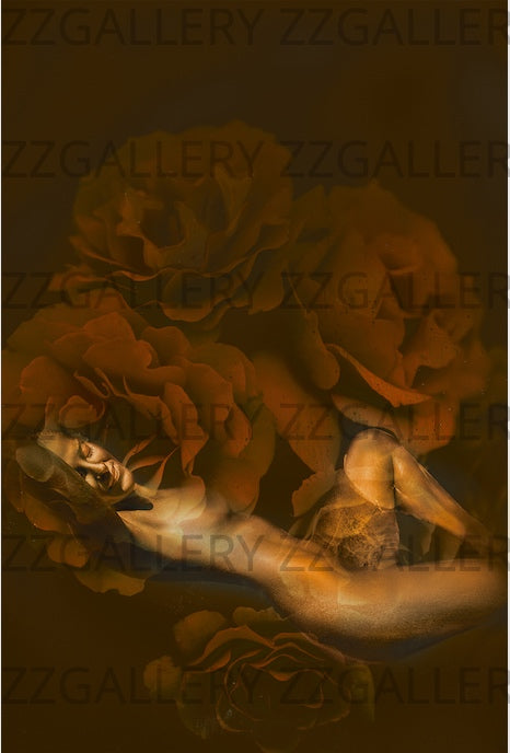 Golden nude woman reclining among surreal emerald green roses in dreamy fine art photograph