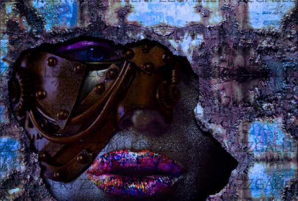 Futuristic fine art portrait of a face partly covered in a steampunk-inspired golden mask, contrasted with vibrant, shimmering lips against a textured abstract background. A powerful blend of surrealism, sensuality, and contemporary wall art