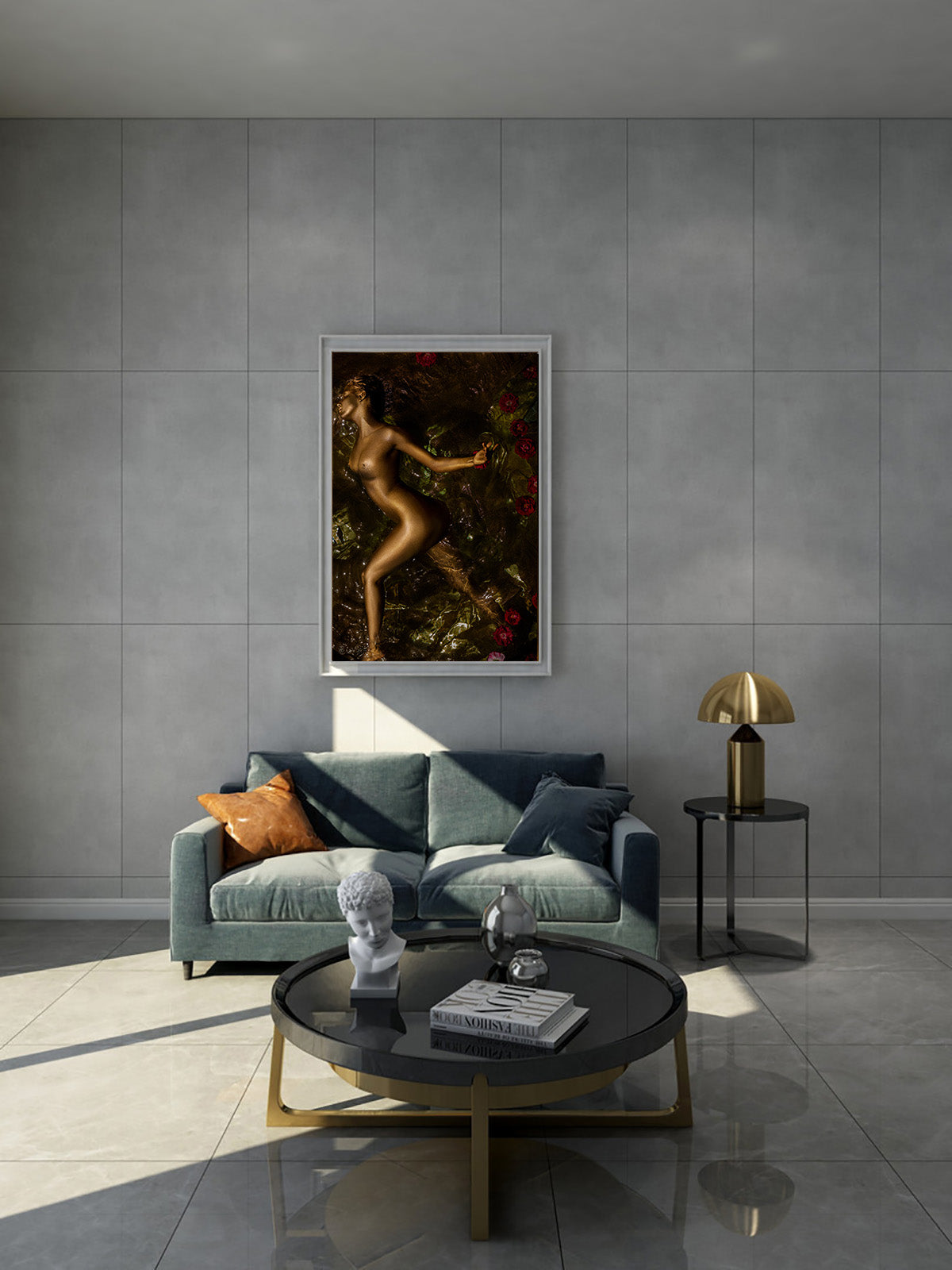 Golden-themed fine art wall print featuring a radiant figure with red roses, displayed in a modern living room interior. Elegant wall décor for luxury homes, boutique hotels, or contemporary design spaces, enhancing interiors with timeless sophistication.