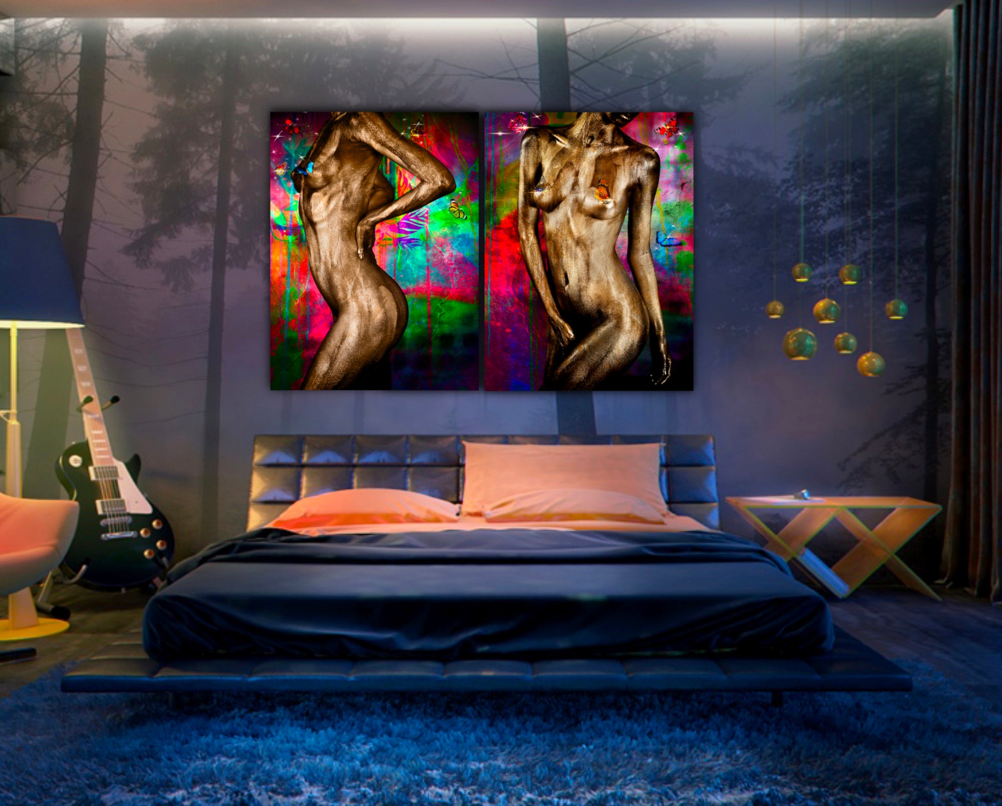Golden painted figure diptych with vibrant neon backdrop, contemporary fine art wall decor for modern interiors and collectors