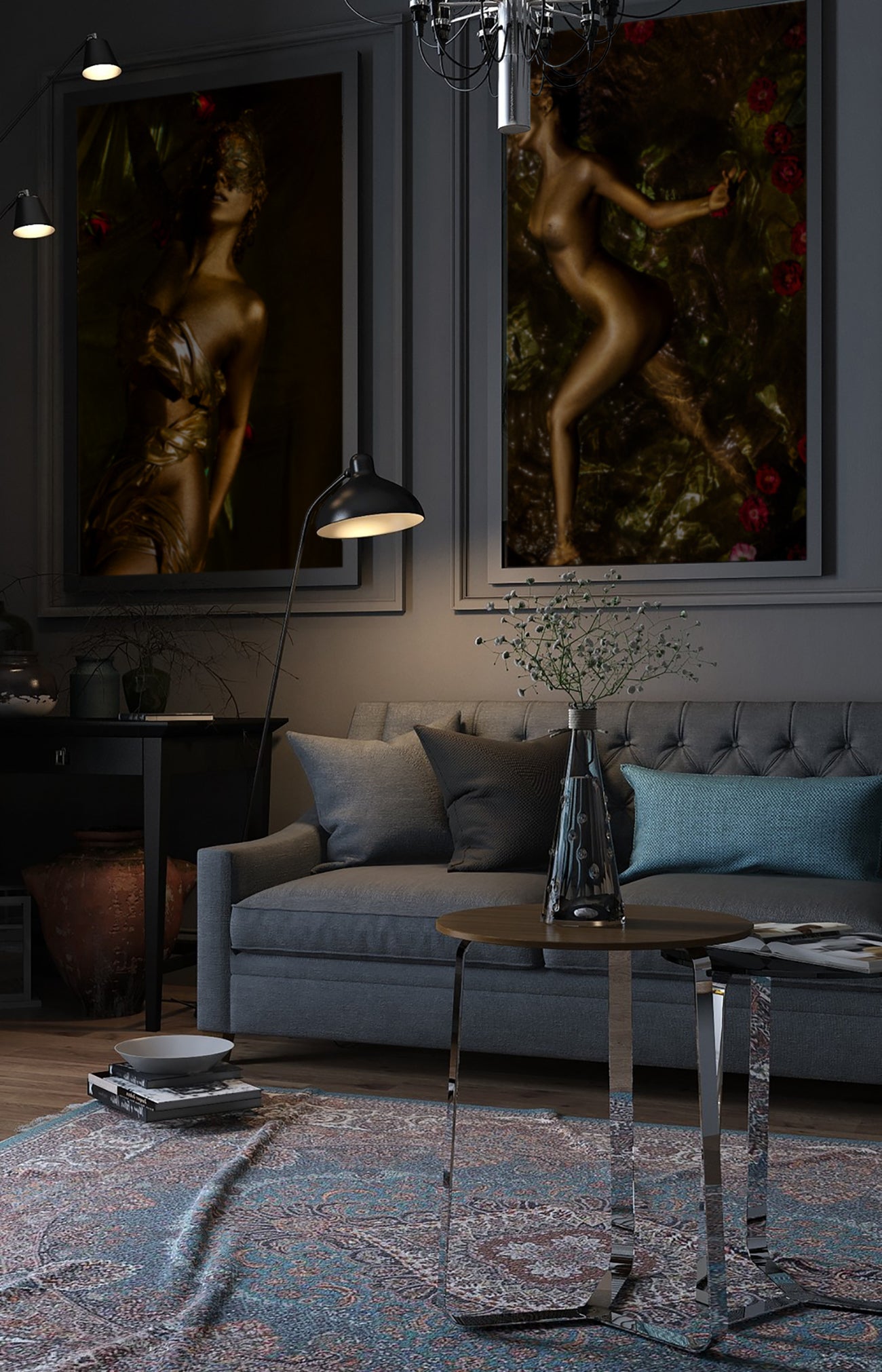 Golden-painted figures displayed as large fine art wall prints in a luxury living room. The artworks feature radiant gold tones with red roses, blending nature and elegance. Perfect statement wall decor for spas, boutique hotels, or sophisticated interiors.