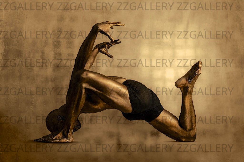 Golden male figure in a sculptural yoga backbend pose, painted in radiant gold tones, expressing balance, strength, and elegance for fine art wall decor.