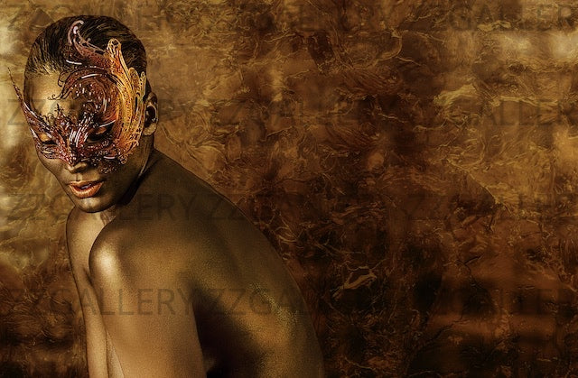Golden masked female nude fine art photography on a luxurious gold background, elegant wall decor for modern interiors.