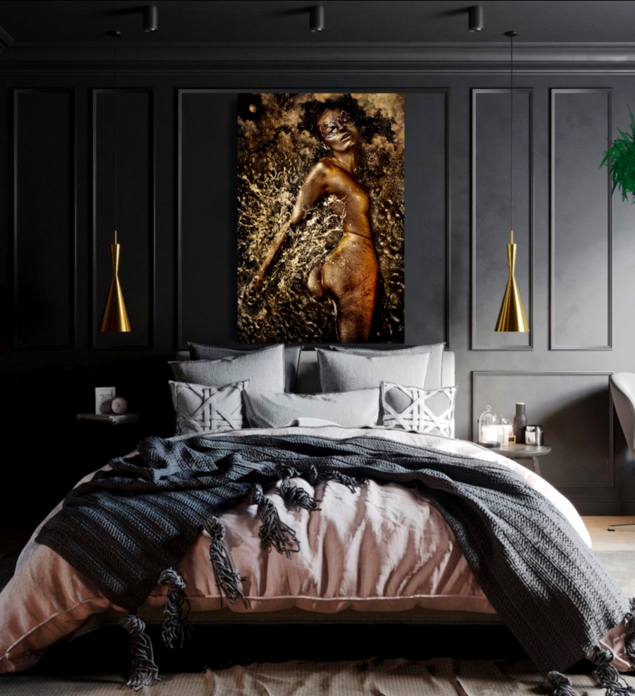 Golden silhouette fine art print with cosmic textures, displayed in a modern bedroom interior – luxury wall decor photography