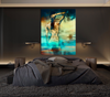 Golden silhouette artwork of a standing figure with arm raised, set against a surreal ocean and sky horizon, displayed in a contemporary bedroom interior. Luxury fine art wall décor radiating elegance and tranquility.