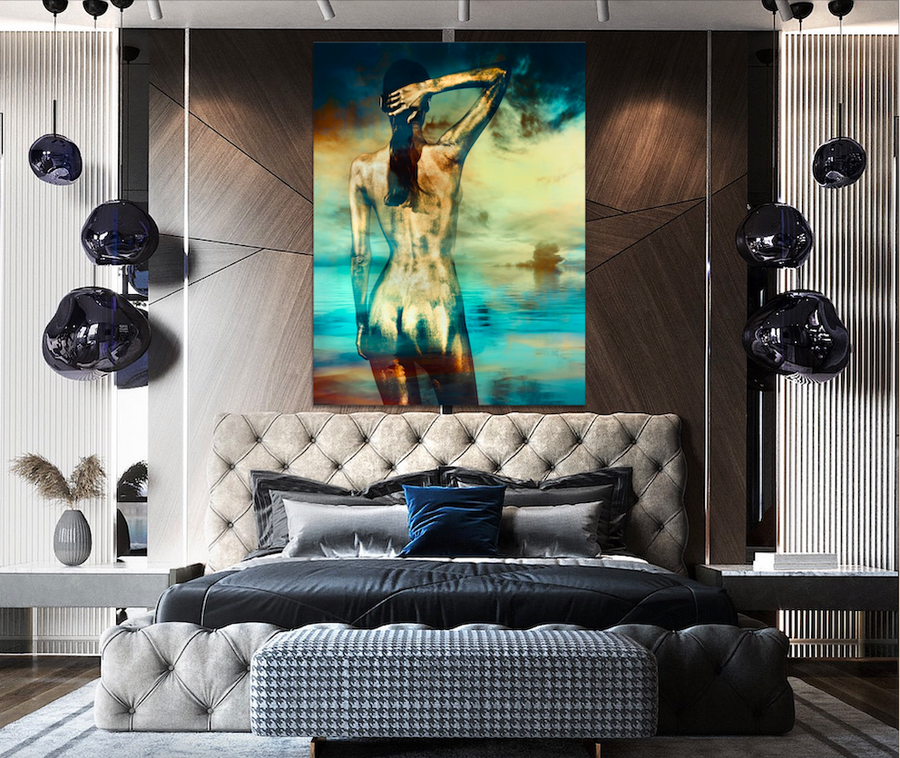Golden silhouette artwork of a standing figure against a surreal ocean and sky backdrop, displayed in a modern luxury bedroom. Fine art wall décor radiating elegance and tranquility.