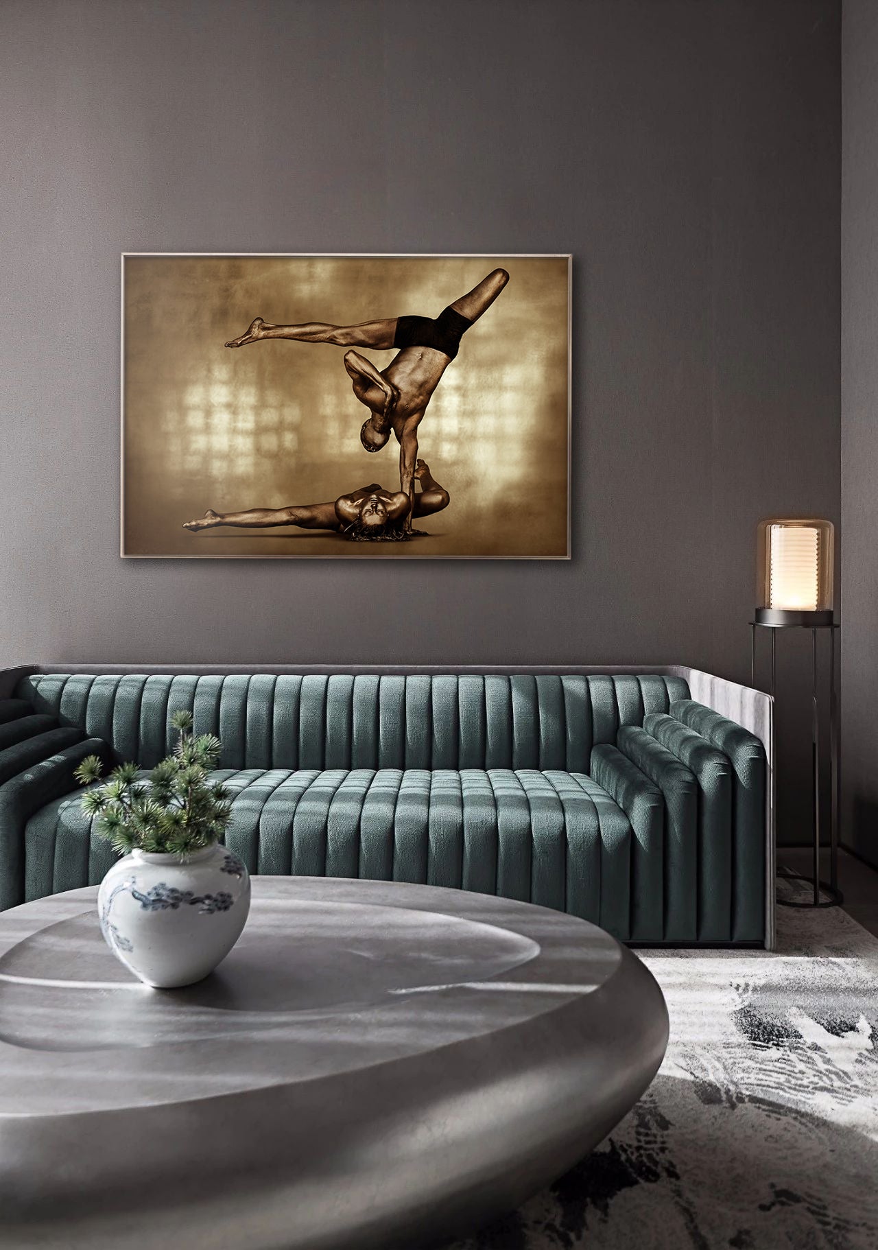 Golden-painted couple in an acrobatic yoga balance pose, fine art wall photography by Zack Zublena, symbolizing harmony, strength, and elegance — luxury wall art for spas, yoga studios, and modern interiors.