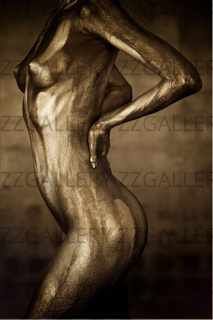 Gold and silver body-painted female figure in artistic pose, fine art photography of divine feminine energy, beautiful breast, nipples, model, gorgeous breast